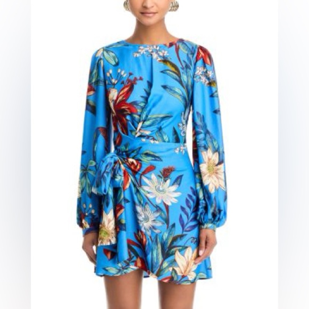 NWT FarmRio Floral Silk Blue Mini Dress XS - Picture 3 of 12